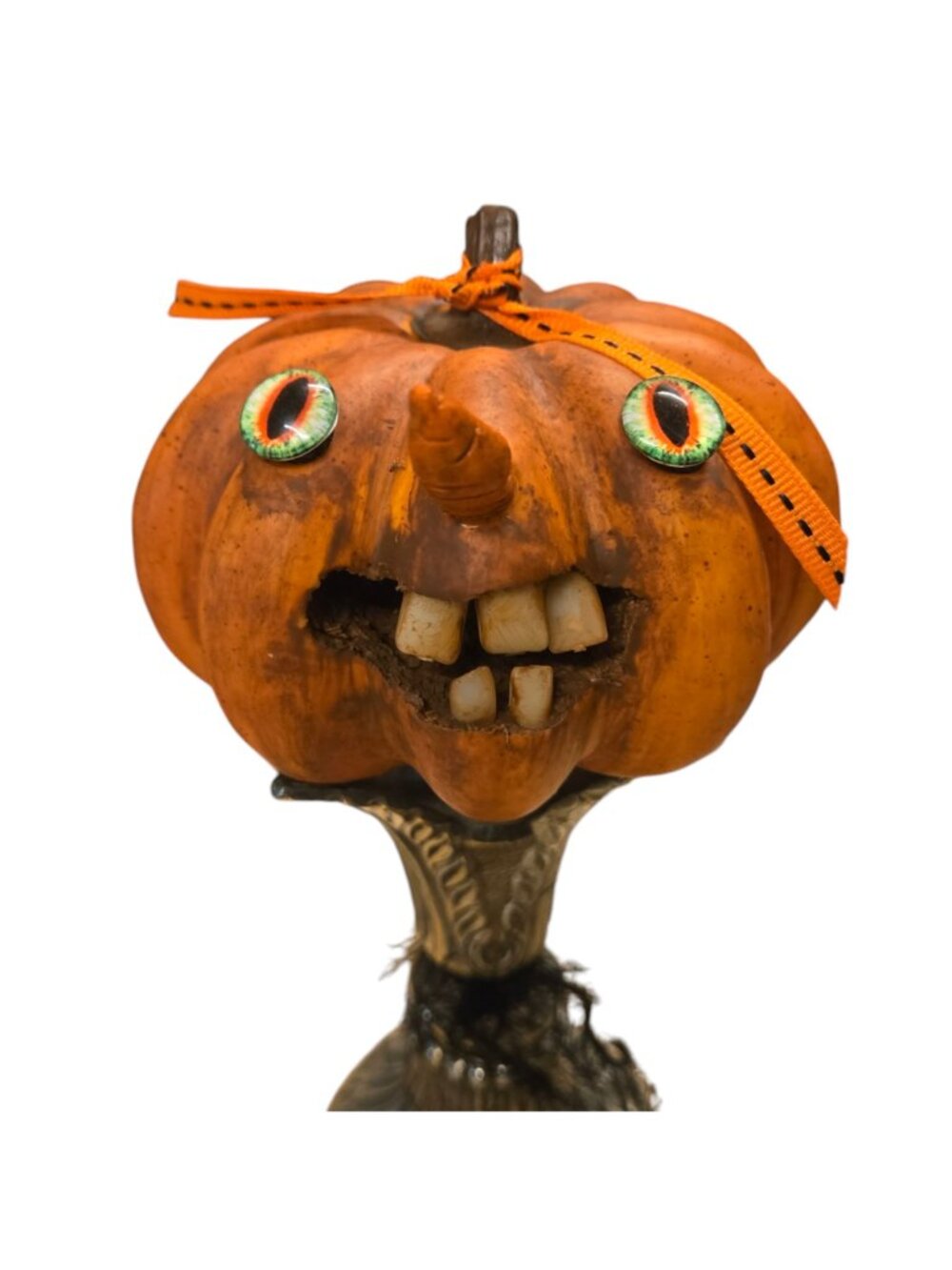 Halloween JOL Pumpkin OOAK Creepy Sculpture Jack O Lantern Teeth Assemblage Art